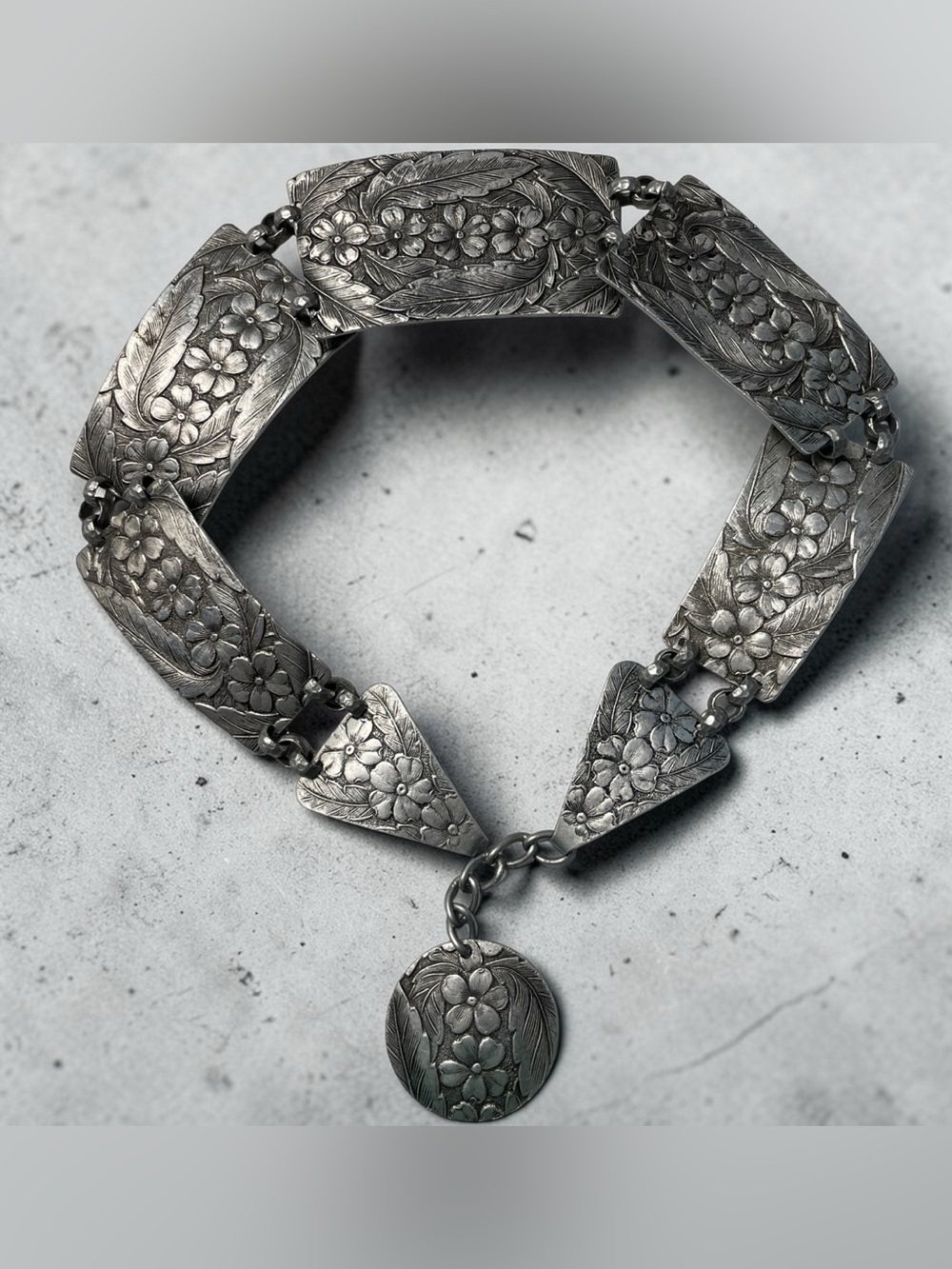 1940’s Gorgeous Ornate Victorian Floral Designed-Engraved Aluminum Belt.